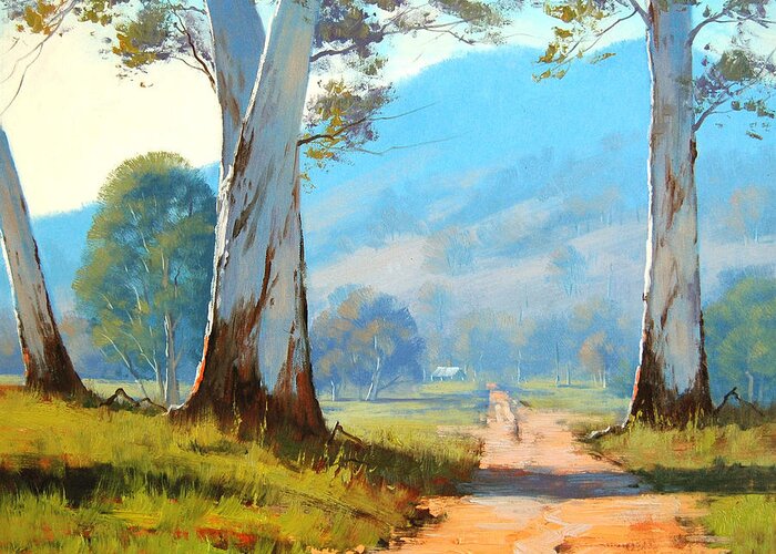 Gum Tree Greeting Card featuring the painting Valley Farm by Graham Gercken