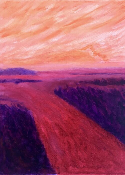 Rivers Water Orange Purple Magenta Wine Skies Greeting Card featuring the painting Vanishing by Suzanne Udell Levinger