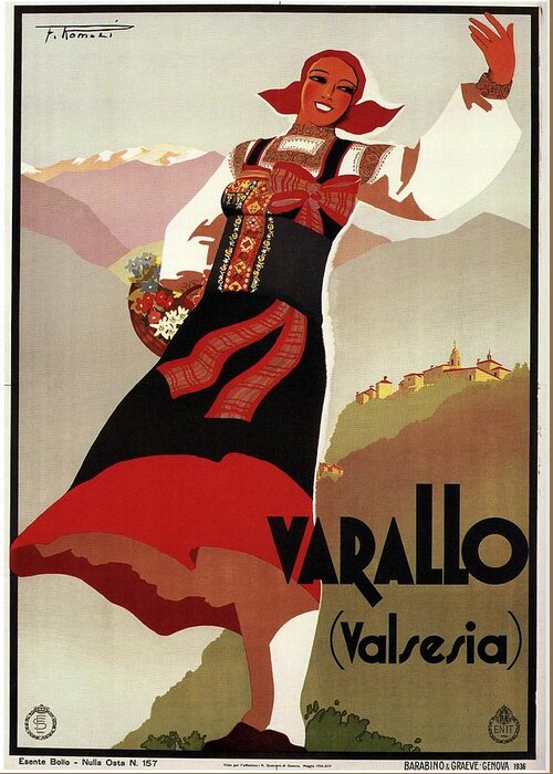 Varallo Greeting Card featuring the mixed media Varallo, Valsesia, Italy - Woman in Traditional Dress - Retro travel Poster - Vintage Poster by Studio Grafiikka