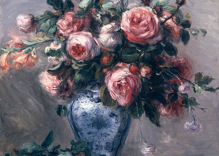 Pierre Auguste Renoir Greeting Card featuring the painting Vase of Roses by Pierre Auguste Renoir