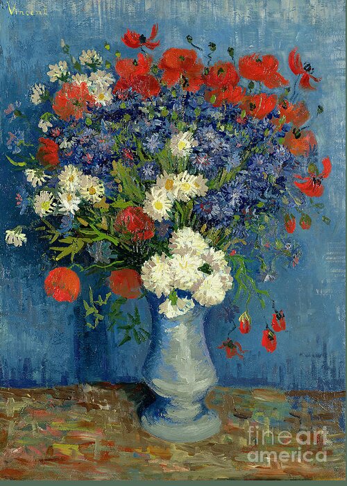 Still Greeting Card featuring the painting Vase with Cornflowers and Poppies by Vincent Van Gogh