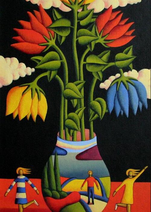 Flowers Greeting Card featuring the painting Vase With Flowers And Figures by Alan Kenny
