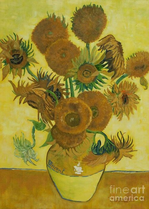 Sunflowers Greeting Card featuring the painting Vase withFifteen Sunflowers by Bob Williams