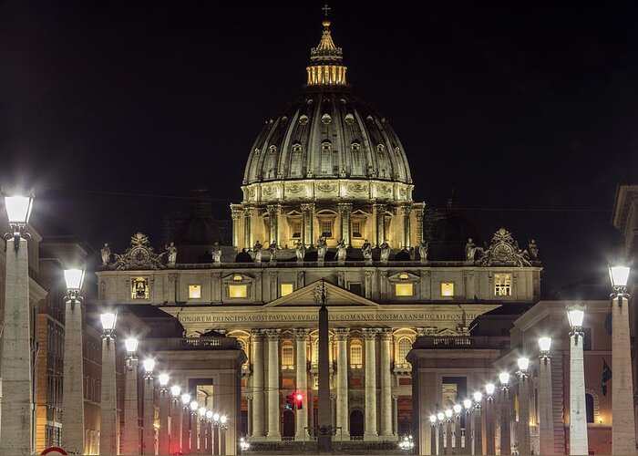 Basilica Greeting Card featuring the photograph Vatican at Night with Lights by John McGraw