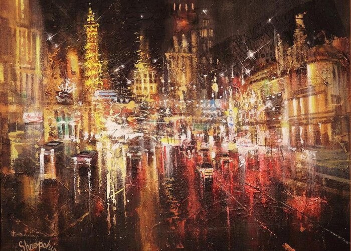 Abstract Greeting Card featuring the painting Vegas - Sudden Downpour by Tom Shropshire
