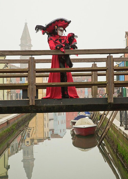  Greeting Card featuring the photograph Venetian Lady on Bridge in Burano by Cheryl Strahl
