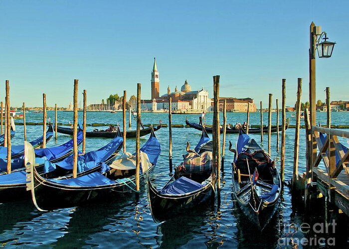 Venetian Gondolas Greeting Card featuring the photograph Venice gondolas - evening by Maria Rabinky