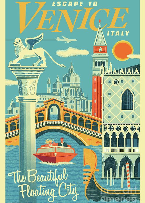 Pop Art Greeting Card featuring the digital art Venice Poster - Retro Travel by Jim Zahniser