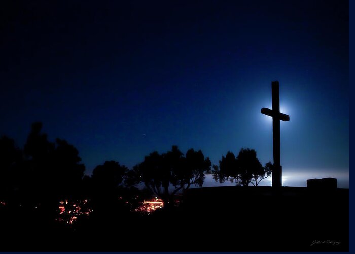 Moonset Greeting Card featuring the photograph Ventura CA Cross at Moonset by John A Rodriguez