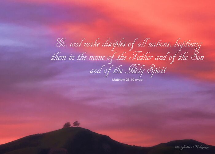 Two Trees Greeting Card featuring the photograph Ventura CA Two Trees at Sunset with Bible Verse by John A Rodriguez