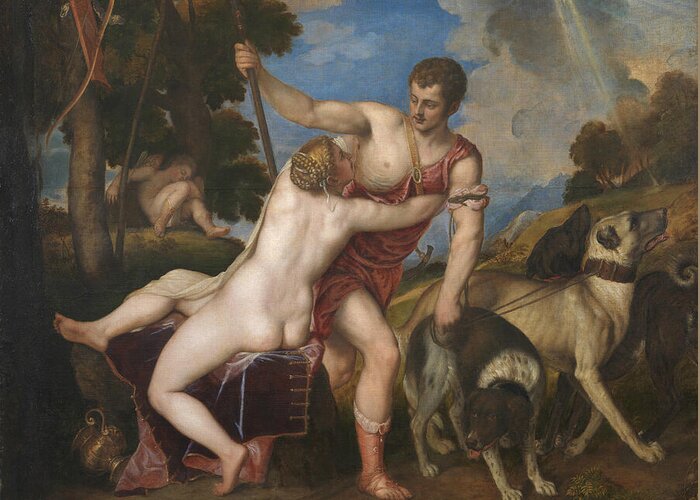 Titian Greeting Card featuring the painting Venus and Adonis, from 1554 by Titian
