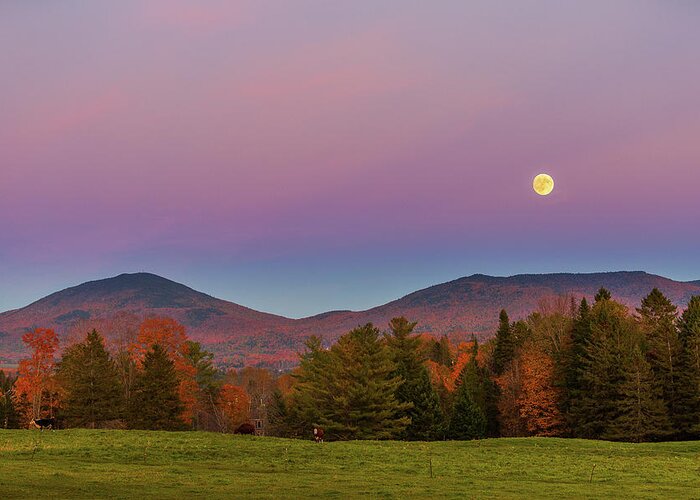 Vermont Greeting Card featuring the photograph Vermont Fall, Full Moon and Belt of Venus by Tim Kirchoff