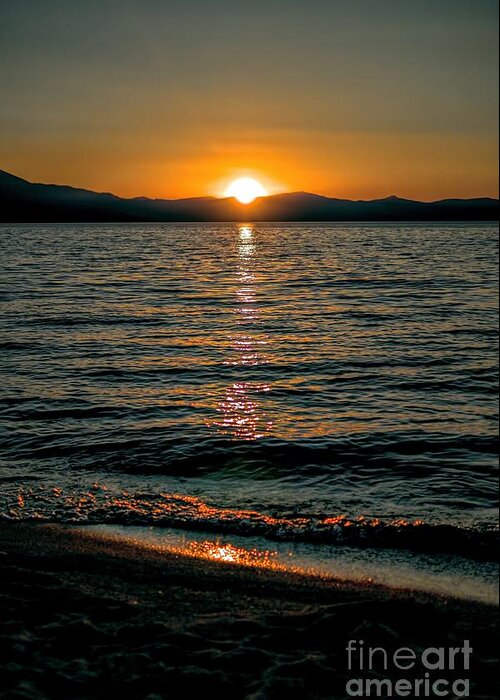 Sunset; Waves; Lake; Orange; Yellow; Blue; Mountains; Alpine; Boats; Reflection; Joe Lach Greeting Card featuring the photograph Vertical Sunset Lake by Joe Lach