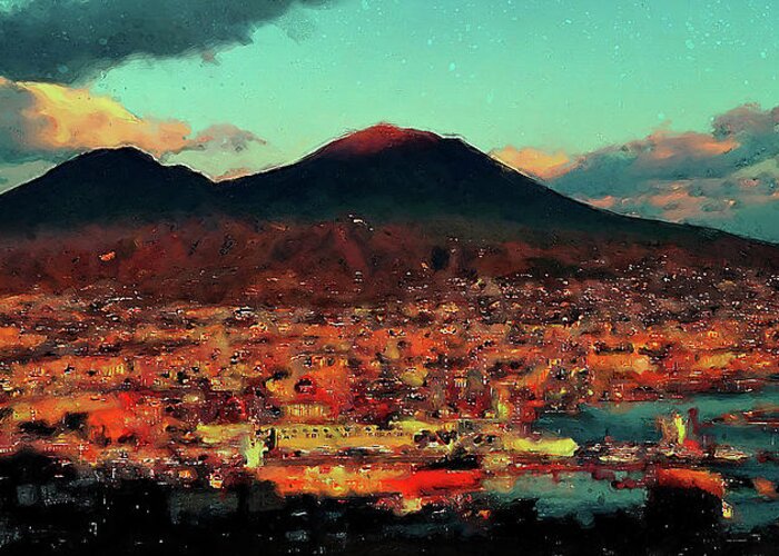 Gulf Of Naples Greeting Card featuring the painting Vesuvio, panorama from Naples - 01 by AM FineArtPrints