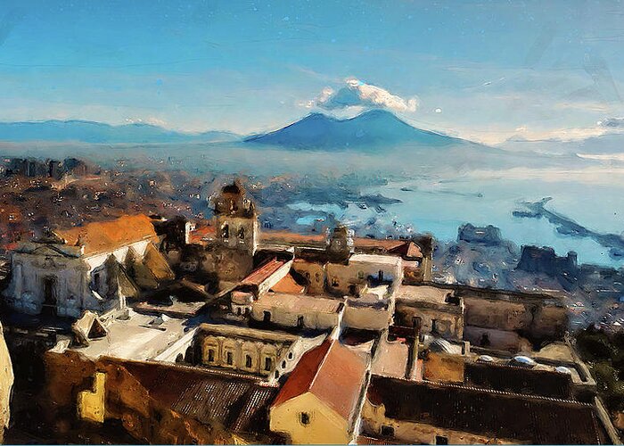 Gulf Of Naples Greeting Card featuring the painting Vesuvio, panorama from Naples - 03 by AM FineArtPrints