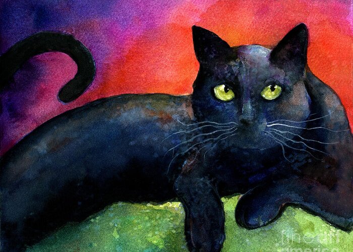 Black Cat Greeting Card featuring the painting Vibrant Black Cat watercolor painting by Svetlana Novikova