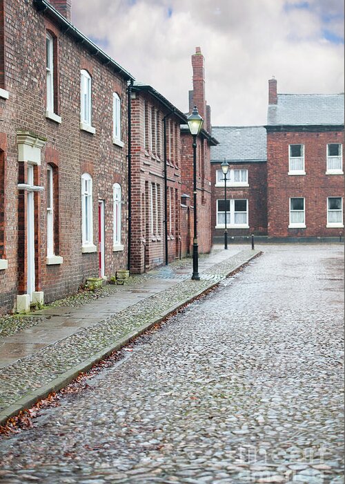 Vintage Greeting Card featuring the photograph Victorian Terraced Street Of Working Class Red Brick Houses by Lee Avison