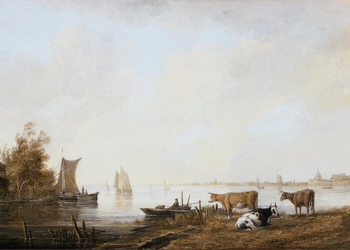 View Of The Maas Near Dordrecht Greeting Card featuring the painting View of the Maas near Dordrecht by MotionAge Designs