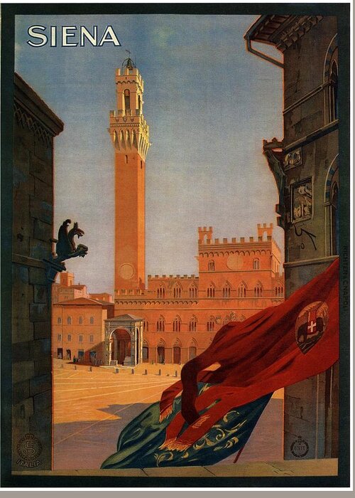 Palazzo Publico Greeting Card featuring the painting View of the Palazzo Publico in Siena, Tuscany - Italia - Vintage Illustrated Poster by Studio Grafiikka