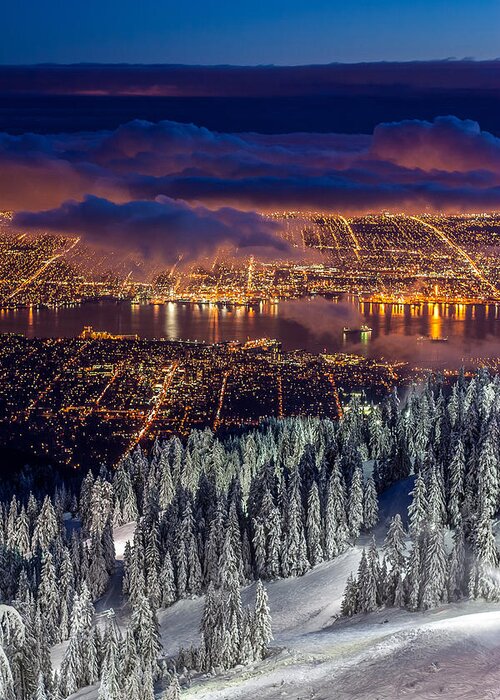Vancouver Greeting Card featuring the photograph View of Vancouver from Grouse mountain at sunset by Pierre Leclerc Photography