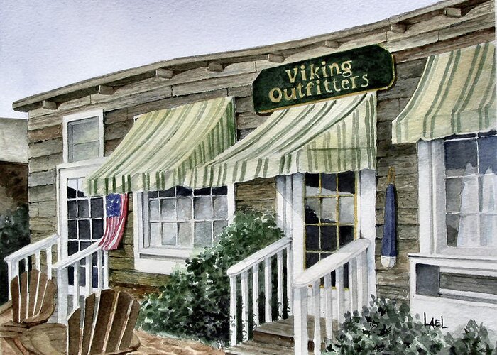 Storefront Greeting Card featuring the painting Viking Outfitters by Lael Rutherford