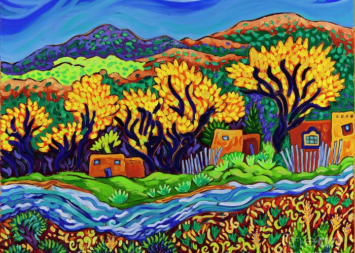 Adobe Village Greeting Card featuring the painting Village by the River by Cathy Carey