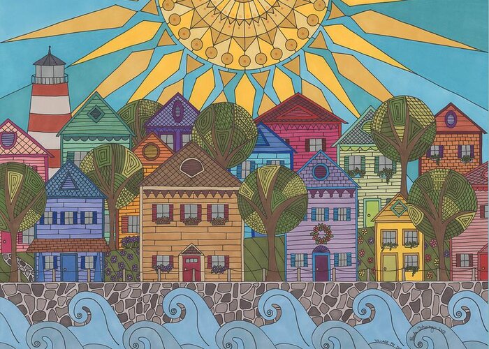 Village Greeting Card featuring the drawing Village By The Sea by Pamela Schiermeyer
