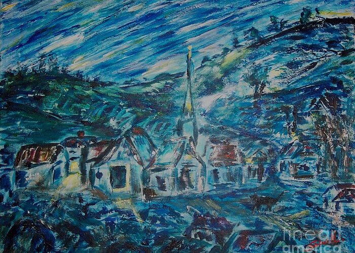 Mary Sedici Greeting Card featuring the painting Village in Blue by Mary Sedici
