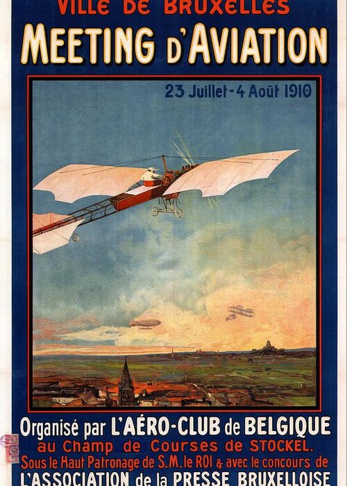 Aviation Greeting Card featuring the mixed media Ville De Bruxelles Meeting D'Aviation - Retro travel Poster - Vintage Poster by Studio Grafiikka
