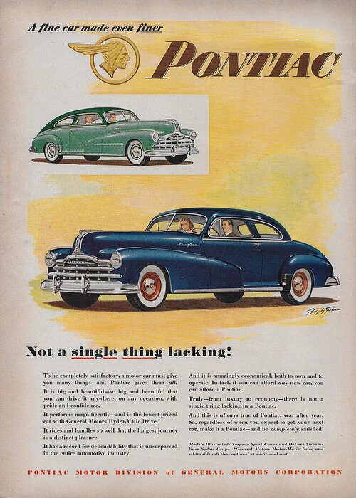 James Smullins Greeting Card featuring the mixed media Vintage 1940's Pontiac ad by James Smullins