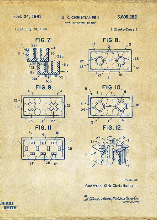 Toy Greeting Card featuring the digital art Vintage 1961 LEGO Brick Patent Art by Nikki Marie Smith