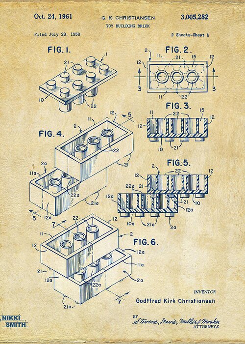 Toy Greeting Card featuring the drawing Vintage 1961 Toy Building Brick Patent Art by Nikki Marie Smith