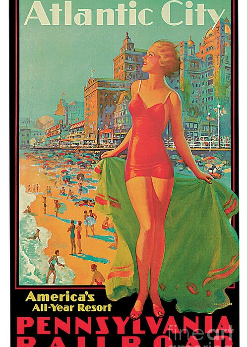 Vintage Greeting Card featuring the digital art Vintage Atlantic City travel advertising by Heidi De Leeuw