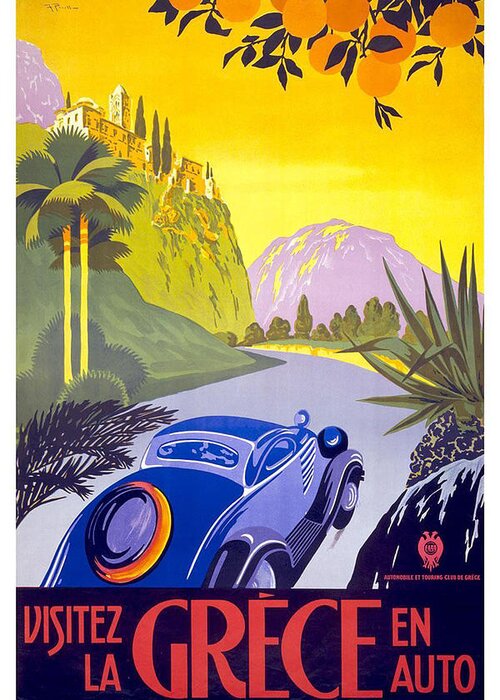 Greece Greeting Card featuring the painting Vintage Blue Car in a countryside landscape in Greece - Vintage Travel Poster by Studio Grafiikka