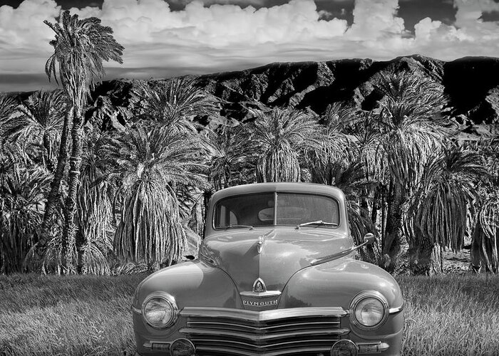 Car Greeting Card featuring the photograph Vintage Blue Plymouth Automobile in Black and White by Randall Nyhof