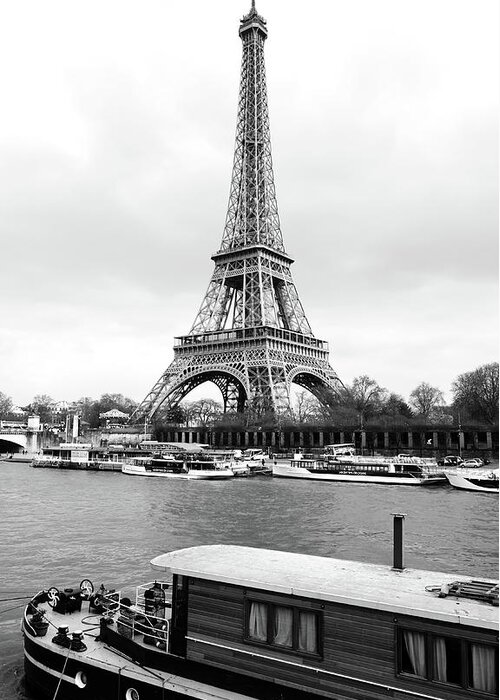 Travelpixpro Greeting Card featuring the photograph Vintage Boat Moored on the Seine River beneath Eiffel Tower Paris France Black and White by Shawn O'Brien
