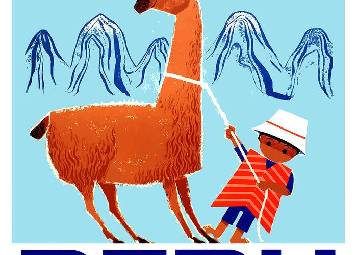 Peru Greeting Card featuring the digital art Vintage Child and Llama Peru Travel Poster by Retro Graphics