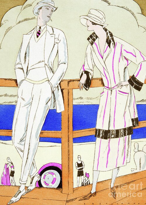 By The Sea Greeting Card featuring the painting Vintage Fashion Plate from the Twenties depicting couple at the beach by German School