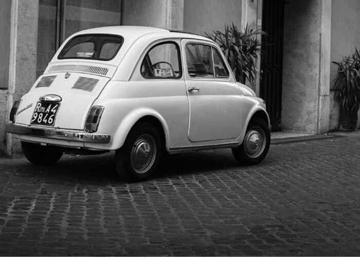 Vintage Fiat 500 Rome Italy Black and White Greeting Card by Edward Fielding