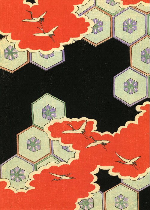 Pattern Greeting Card featuring the painting Vintage Japanese illustration of red clouds and flying cranes in an abstract landscape by Japanese School