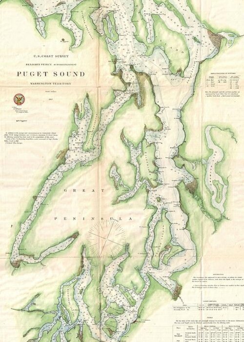 Puget Sound Greeting Card featuring the drawing Vintage Map of The Puget Sound by CartographyAssociates