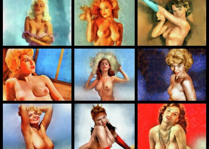 Burlesque Greeting Card featuring the painting Vintage Pinups by Frank Falcon by Esoterica Art Agency