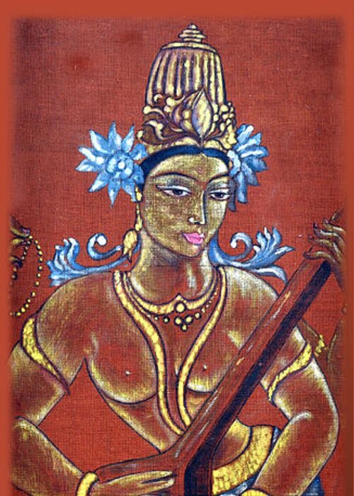 Saraswati Greeting Card featuring the painting Vintage SARASWATI - Goddess of Wisdom by Harsh Malik