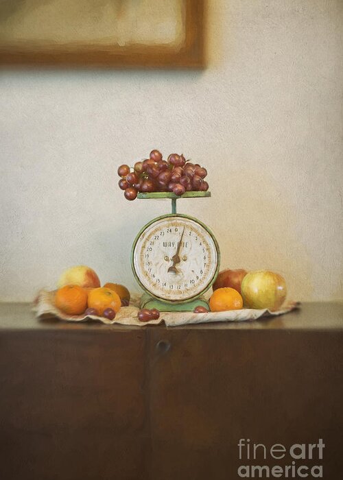 Buffet Greeting Card featuring the photograph Vintage Scale and Fruits Painting by Susan Gary