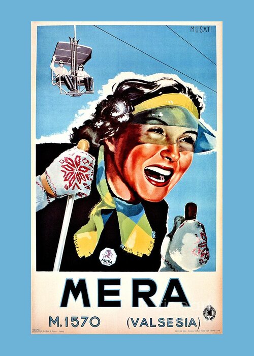 Vintage Greeting Card featuring the digital art Vintage ski Mera Valsesia Italian travel by Heidi De Leeuw