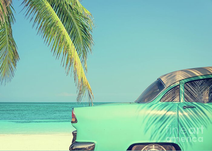 Car Greeting Card featuring the photograph Vintage summer, classic car on a beach by Delphimages Photo Creations