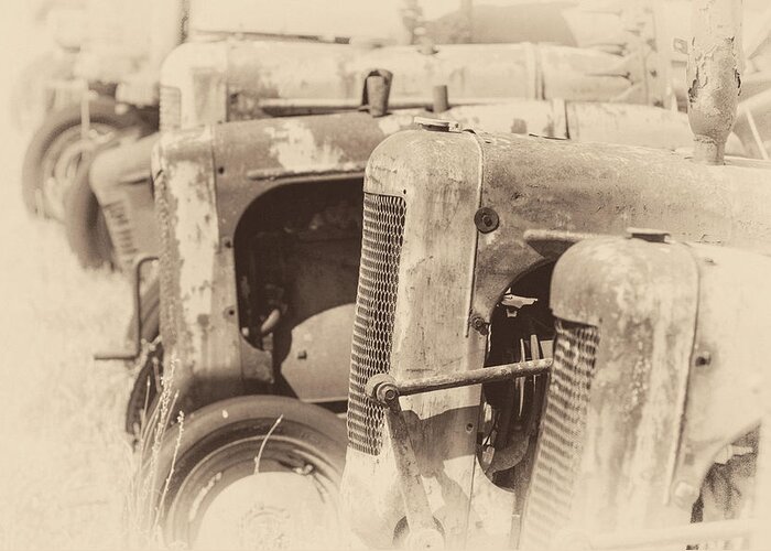 Tractor Greeting Card featuring the photograph Vintage Tractors in Sepia by James Barber