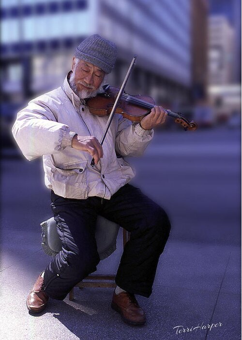 Violin Guy Greeting Card featuring the photograph Violin Guy by Terri Harper