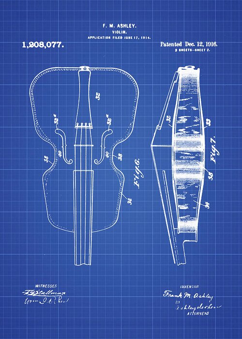 Violin Greeting Card featuring the photograph Violin Patent 1916 Blueprint by Digital Reproduction