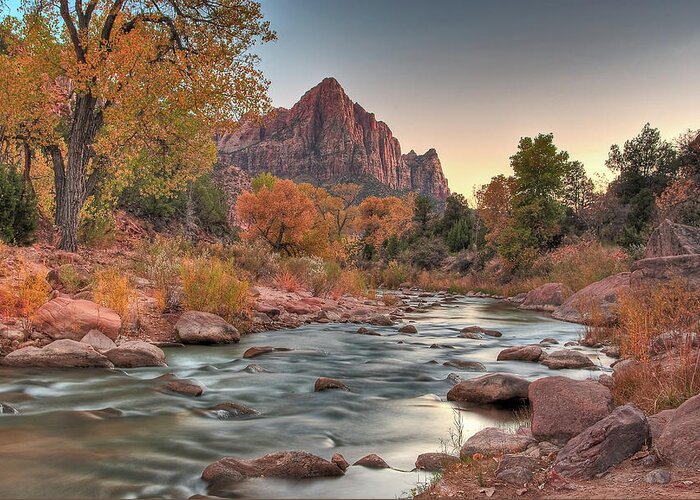 Landscape Greeting Card featuring the photograph Virgin River and The Watchman by Greg Nyquist